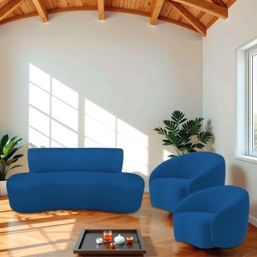 Imagem de Kit Recamier Curvo Amsterdã 120cm E 2 Poltronas Amore Luxo Linho Cor Azul Royal