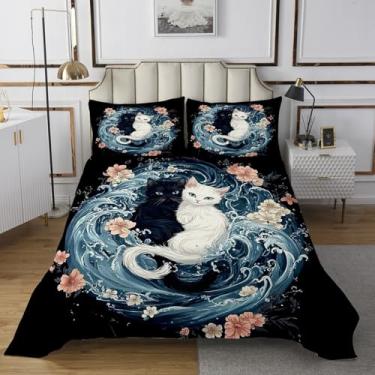 Imagem de Homewish Conjunto de cama Queen preto e branco, arte japonesa Ukiyo-e, 3 peças, para decoração de quarto de crianças, adolescentes e adultos, conjunto de edredom de animal vintage, colcha de cerejeira