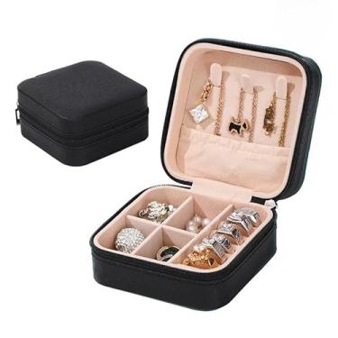 Imagem de Presente Feminino, Porta Joia Caixinha Joias para Viagem Portátil Armazenamento Anel Brinco Colar P, 10x10x5cm(PRETO,1 PEÇA)