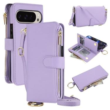Imagem de Capa carteira para Google Pixel 10 Pro XL [bloqueio RFID] [bolso com zíper] [porta-cartão] capa protetora flip de couro PU com corda transversal/pulso/anel capa de telefone masculina e feminina (roxa)