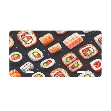 Imagem de Sushi Placa de licença engraçada fofa para frente do carro placas de carro alumínio metal adequado para caminhão placa de porta de carro bar café acessórios automotivos para homens mulheres 15 x 30 cm