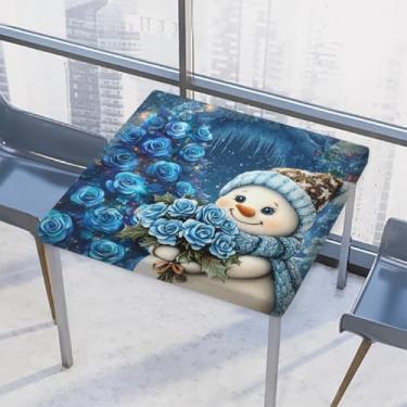 Imagem de hongjinglin Toalha de mesa quadrada para uso ao ar livre com borda elástica, toalha de mesa quadrada com flores limpáveis, boneco de neve, para ambientes externos, ambientes internos, pátio, jantar