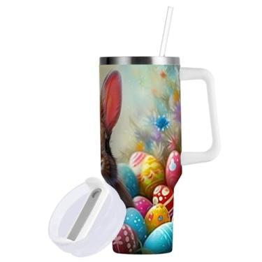 Imagem de Blueangle Copo de coelho da Páscoa de 850 g com alça e tampa de palha, copo isolado, reutilizável, garrafa de água de aço inoxidável, caneca de viagem (75)