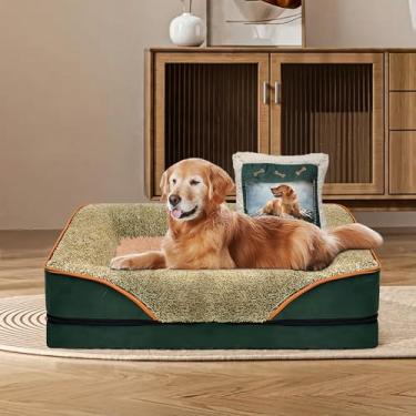 Imagem de Cama ortopédica para cães com travesseiro, cama média para animais de estimação, sofá elevado com capa lavável, sofá de espuma viscoelástica para Perros 76 x 50 x 12 cm, verde