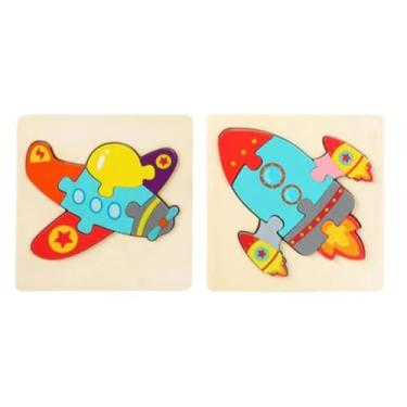 Imagem de Kit com 2 Quebra-Cabeças de Madeira para Crianças – Brinquedo Educativo e Divertido – Peças Coloridas que Estimulam Criatividade, Coordenação e Imaginação (Avião e Foguete)