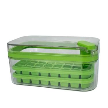 Imagem de Bandeja Dupla de Cubos de Gelo com Tampa, Transparente e Verde, 64 Cubos, Plástico, 22x11.5cm