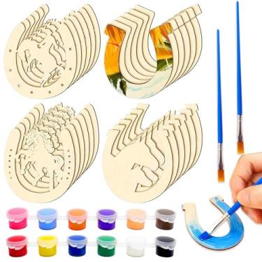 Imagem de JeVenis Ferradura de madeira inacabada, 24 peças, artesanato, recortes, artesanato, decoração de cavalo ocidental, para festa de casamento, aniversário, suprimentos faça você mesmo, fatias, enfeite