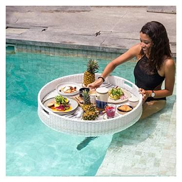 Imagem de Bandeja de servir flutuante, bandeja de piscina, bandeja flutuante de vime, bandeja flutuante para café da manhã, bandeja de piscina flutuante redonda, bandeja flutuante para servir na piscina