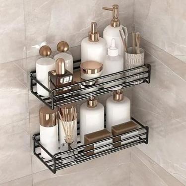 Imagem de Kit 2 Prateleiras com Adesivo Forte para Parede | Organizador de Banheiro e Cozinha | Suporte para Shampoo e Sabonete Sem Furos(Kit 2 Prateleiras Reta)