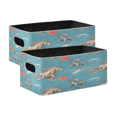 Imagem de Burbuja Caixa de armazenamento dobrável de hibisco de cavalos de corrida com alças – Caixa de armazenamento de feltro para organizar brinquedos, livros, maquiagem, panos, meias em prateleira, armário