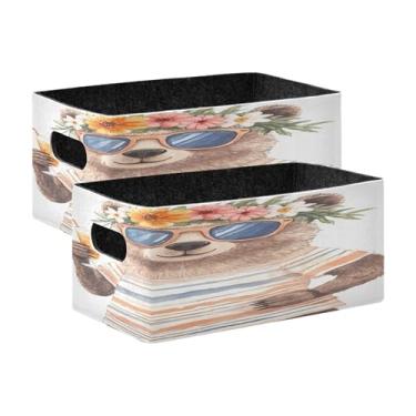 Imagem de Burbuja Urso usando óculos de sol, grinalda de flores, caixa de armazenamento dobrável com alças – Caixa de armazenamento de feltro para organizar brinquedos, livros, maquiagem, panos, meias em