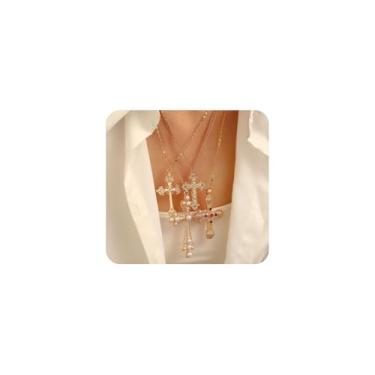 Imagem de Colar longo de cruz em camadas douradas para mulheres, colar grande com pingente de cruz de strass de pérola, colares vintage empilháveis, joias de presente de fé, Large, Liga de aço, Sem Pedra