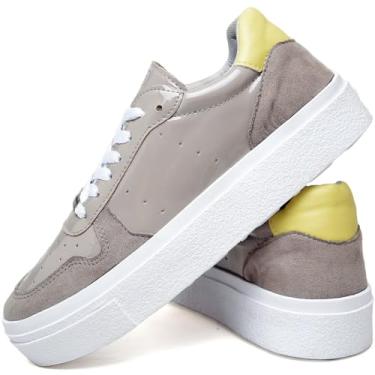Imagem de Tênis Feminino Casual Plataforma em Verniz e Camurça, Branco com Detalhes Cinza e Amarelo, Tamanhos 34 ao 40 (Bege, BR, Adulto, Numérico, M, 38)