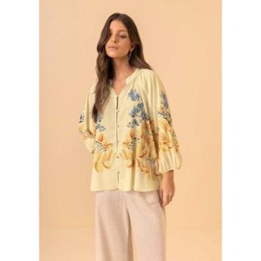 Imagem de Camisa Alongada Estampada Com Mangas 3/4 E Gola Padre-Feminino