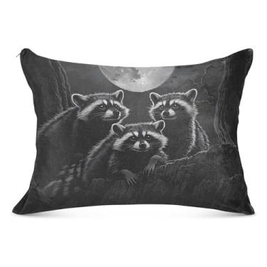Imagem de Capas de travesseiro decorativas Mystical Raccoons Moon Black Flanela Padrão Queen King Almofadas de cama fofas para cabelo, tamanho Queen, 50,8 cm x 76,2 cm