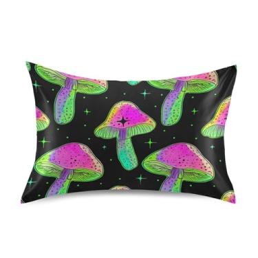 Imagem de Cogumelos coloridos preto verde cetim fronhas fofas personalizadas resfriamento padrão Queen King fronhas decoração de cama tamanho padrão 66 cm x 50 cm