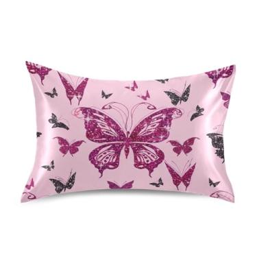 Imagem de Fronhas com estampa de borboletas pretas rosa padrão King Queen capas de travesseiro de cetim refrescante para cama de casa sofá personalizado king size 101,6 cm x 50,8 cm