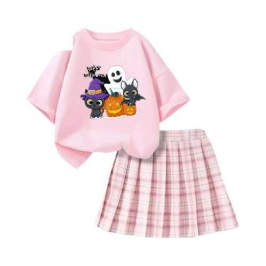 Imagem de Conjunto De Camiseta E Saia Xadrez Com Estampa De Gato Fantasma De Hal