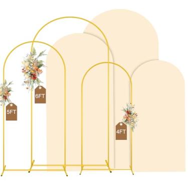 Imagem de MODFUNS Conjunto de suporte e capa de fundo de arco de metal, 1,2 e 1,5 m e 1,8 m, capas de arco de casamento bege douradas, conjunto de 3 capas de pano de fundo Chiara Arches para decoração de festa