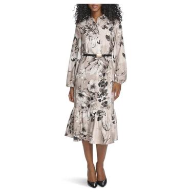 Imagem de Calvin Klein Vestido midi feminino de manga comprida com gola e gola com cinto, crepe e babados, Cáqui Multi, 46