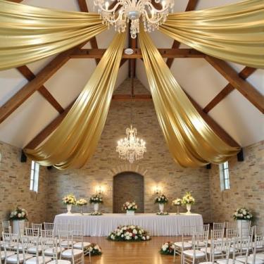 Imagem de PartyVillage Cortina de fundo dourada de Natal com 2 painéis de 1,5 m x 12,2 m para festas de casamento – 1,5 m de poliéster grosso extralongo sem rugas para decoração de barraca para festa de