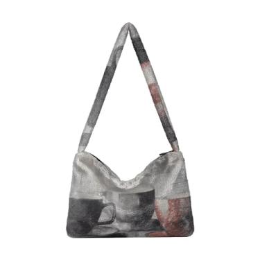 Imagem de Bolsa de ombro feminina Fierce Eyes Behind preta, bolsa de ombro de pelúcia sob o braço, bolsa de ombro com zíper para mulheres, Collage Vintage Wood Board Coffee, One Size