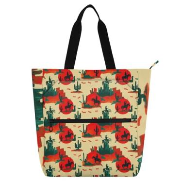 Imagem de GAIGEO Sacola feminina vintage cowboy vermelha amarela para trabalho lona praia livro tote com zíper bolsas de viagem com compartimentos