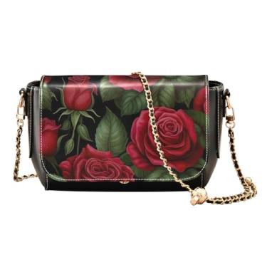 Imagem de Bolsa transversal feminina floral de rosas e folhas verdes, bolsa de ombro de couro médio, bolsa tiracolo feminina de couro, Rosas florais e folhas verdes - 3, One Size