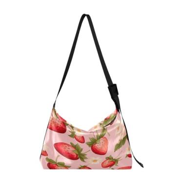 Imagem de Bolsa de ombro masculina de couro com folhas de lavanda em aquarela, bolsa transversal grande, alça de ombro ajustável, Morangos maduros em rosa - 3, One Size