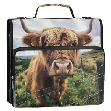 Imagem de Fichário organizador com zíper engraçado vaca Highland 3,8 cm, fichário de viagem com 3 anéis com alça de ombro para carteira escolar, suporte de 500 folhas