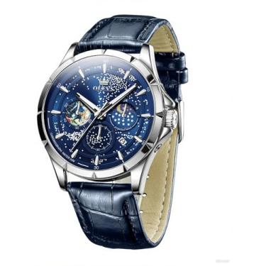 Imagem de OLEVS Relógios masculinos céu estrelado lua fase, mostrador luxuoso, analógico, casual, data, couro, à prova d'água, luminoso, 6F9L