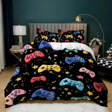 Imagem de AILONEN Conjunto de capa de edredom tamanho casal, jogo de videogame de desenho animado para crianças, adolescentes, meninos, capa de edredom de graffiti, 3 peças, 1 capa de edredom e 2 fronhas