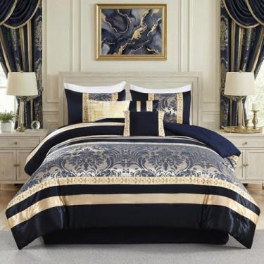 Imagem de Bedduvit Conjunto de edredom King de luxo de 7 peças - Jaquard floral vintage azul marinho e dourado, 7 peças de cama em saco, luxuoso design de patchwork genuíno conjunto de cama grosso com saia para