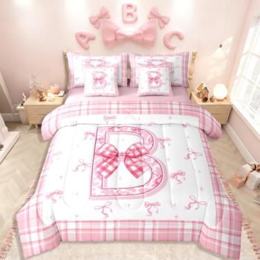 Imagem de Erosebridal Jogo de cama casal com letra B, 7 peças, com laço rosa, para adolescentes, meninas, mulheres, lençol com laço fofo do alfabeto, edredom e lençol kawaii, moderno, xadrez com fronhas