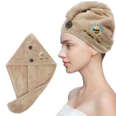 Imagem de Envoltório de toalha de cabelo, chapéu de cabelo seco macio de lã de abelha de desenho animado bordado, turbantes de cabelo super absorventes para cabelos cacheados longos e grossos, gerenciamento e