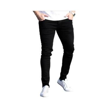 Imagem de Calças Jeans Slim Fit Masculinas Em Preto E Azul, Cor Pura, Estilo Cas