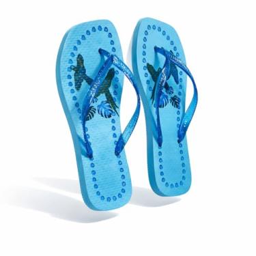 Imagem de Chinelo Feminino Bico Quadrado Azul Tropical | Tendência Verão | Estampa Folhagem | Confortável e Estiloso (BR, Adulto, Faixa Numérico, 37, 38)