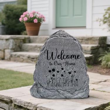 Imagem de Escultura de pedra de jardim com flores e texto Bem-vindo à nossa casa, escultura externa de resina solar, adequada como decoração de túmulo para jardins, gramados, cemitérios, presentes memoriais