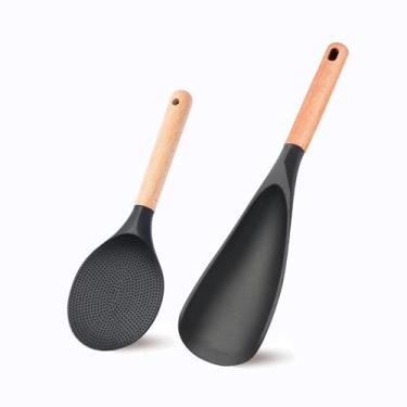 Imagem de Colher de cozinha pacote com 2: colher de espátula de silicone multifuncional com cabo de madeira e colher de arroz para panelas antiaderentes - conjunto de utensílios de cozinha resistentes ao calor