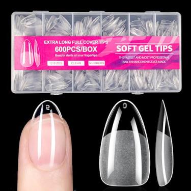 Imagem de Pontas de unhas de amêndoa média, 600 peças, 12 tamanhos, pontas de unhas de gel macio pré-gravadas, metade fosca, capa completa, prensa em unhas de acrílico transparente, cola nas unhas, presente de