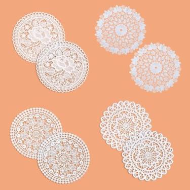 Imagem de Gemseek Pacote com 8 pequenos guardanapos vintage de renda branca para mesas, porta-copos de tecido bordado floral de 15 cm para decoração de casa de chá, artesanato de arte DIY