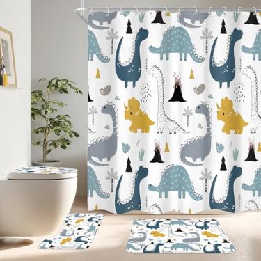 Imagem de Cinbloo Conjunto de cortina de chuveiro infantil de dinossauro com 4 peças, cortina de banheiro com desenho animado engraçado com tapete, capa de tampa de vaso sanitário, tapete de banho, cortina de