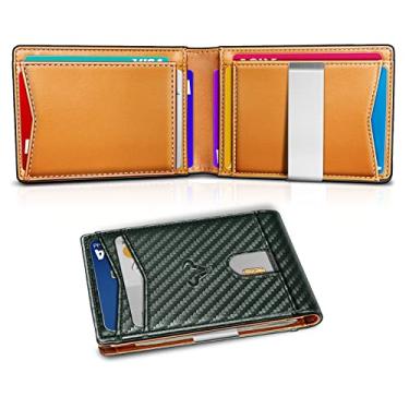 Imagem de Carteira fina masculina, carteira de couro, clipe para dinheiro, presente para homens, 11 cartões 7 x 12 cm, bloqueio de RFID, Verde escuro 7189, One Size, Minimalista