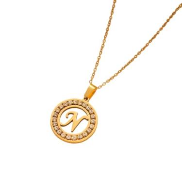 Imagem de TINCOLIA Colar redondo de aço inoxidável com 26 letras incrustadas em diamante, corrente simples e exclusiva em forma de O