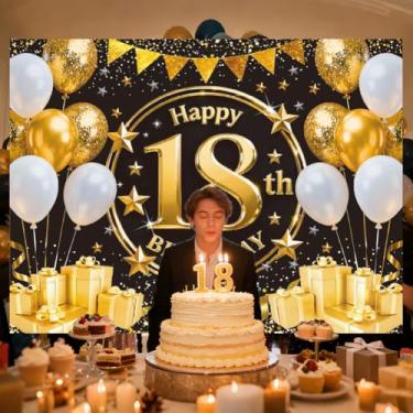 Imagem de WADORN Pano de fundo para decoração de feliz aniversário de 18 anos, balões de 1,8 x 1,6 m, bandeiras, banners de festa de aniversário, adereços de cabine de fotos para decoração de festa de