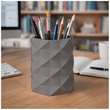 Imagem de Porta Canetas, Lápis, Pincel Geométrico Low Poly, Design Moderno, Organizador de Mesa, Estilo Minimalista (Cinza/Prata)