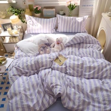 Imagem de MOTNTD Conjunto de capa de edredom solteiro listrado roxo vintage fofo solteiro GG macio fazenda boho hotel conjunto de capa de edredom com zíper oculto dormitório meninas roupa de cama de microfibra