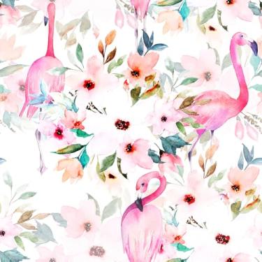 Imagem de WalRiddle Papel de parede vintage aquarela flamingo flores de pêssego folhas descascar e colar papel de parede fácil de remover papel de contato adesivo em papel de parede para banheiro, impermeável