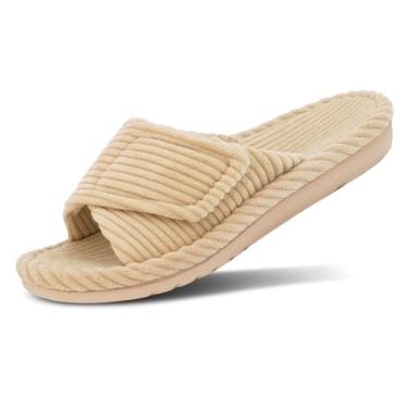 Imagem de MAJOALLURE Chinelos ortopédicos femininos ajustáveis com suporte de arco bico aberto, veludo cotelê, sapatos para quarto, ambientes internos e externos, Marrom, 36
