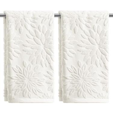 Imagem de Artoid Mode 2 peças de toalhas de mão brancas 3D dália floral jacquard primavera para banheiro, 100% algodão macio absorvente toalha de decoração de banheiro, 14,7 x 29,5 polegadas